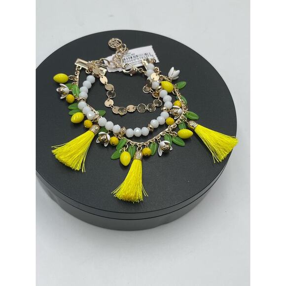 Lilly Pulitzer Lemon Grove Triple Strand Beaded Tassel Gold Tone Bracelet New - Picture 3 of 8